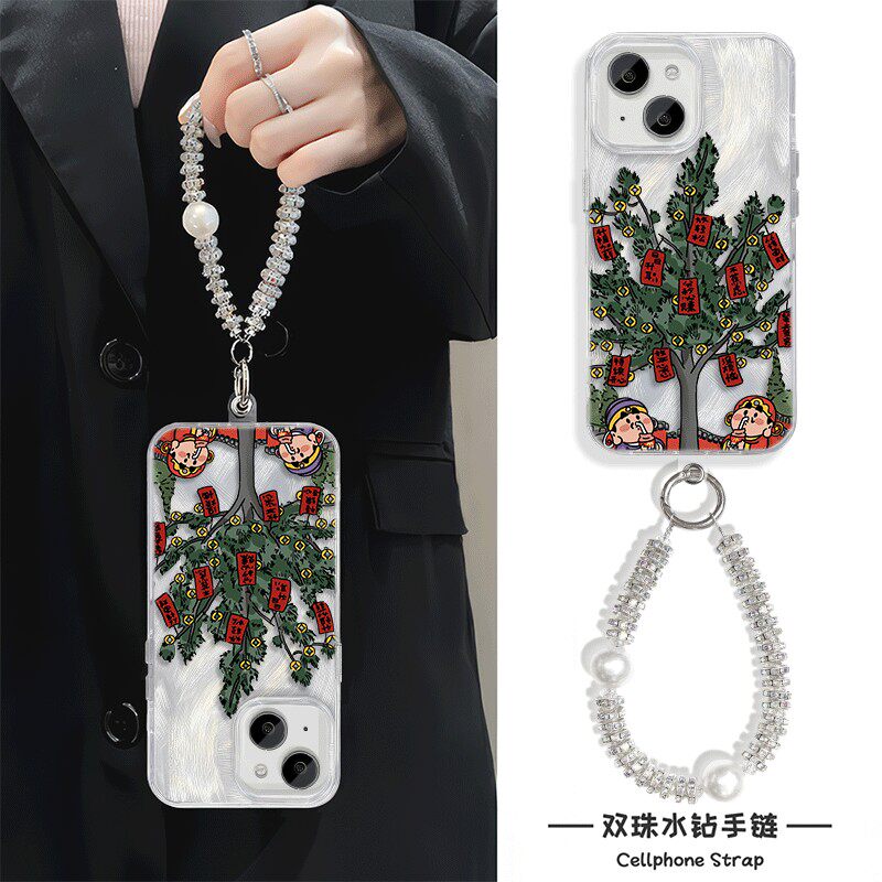 OPPORENO15C创意iPhone17羽纱硬苹果12pm高颜值16plus手机壳带挂绳发财树红米14R适用13ProMax小众华为MATE80