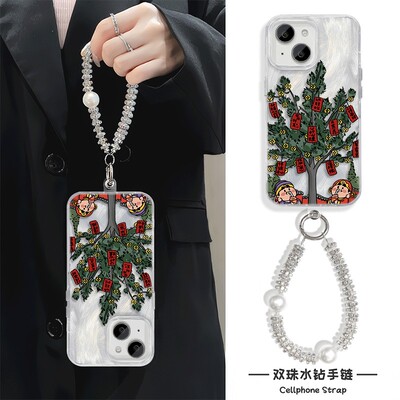 OPPORENO15C创意iPhone17羽纱硬苹果12pm高颜值16plus手机壳带挂绳发财树红米14R适用13ProMax小众华为MATE80