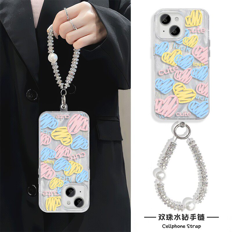 涂鸦爱心16ProMax小众手机壳带挂绳硬15plus适用iPhone13一加ace5创意羽纱小米14苹果12高级感女荣耀300ultra