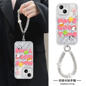 iPhone13创意15plus适用苹果14小众s18华为Nova12硬羽纱16ProMax英语动物手链x200s手机壳带挂绳手腕A5高级感