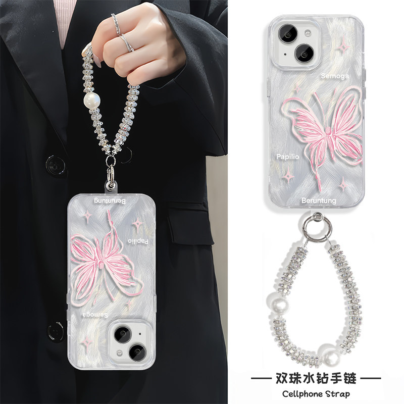 苹果12粉色蝴蝶15plus女款手机壳带挂绳硬ins风iPhone16高级感羽纱手腕findX8适用华为Nova13pro小众14ProMax