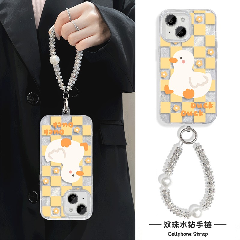 手机壳带挂绳12ProMax小众苹果14羽纱15pro格子鸭子适用硬iPhone16高级感小米CIVI4PRO可爱Nova13红米k70女款
