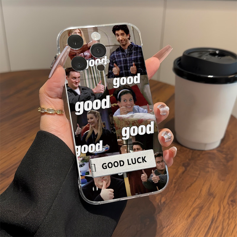 苹果16创意老友记good荣耀x50手机壳带支架小米15Ultra透明超薄14pm无边框12ProMax高级感iPhone13适用硬小众