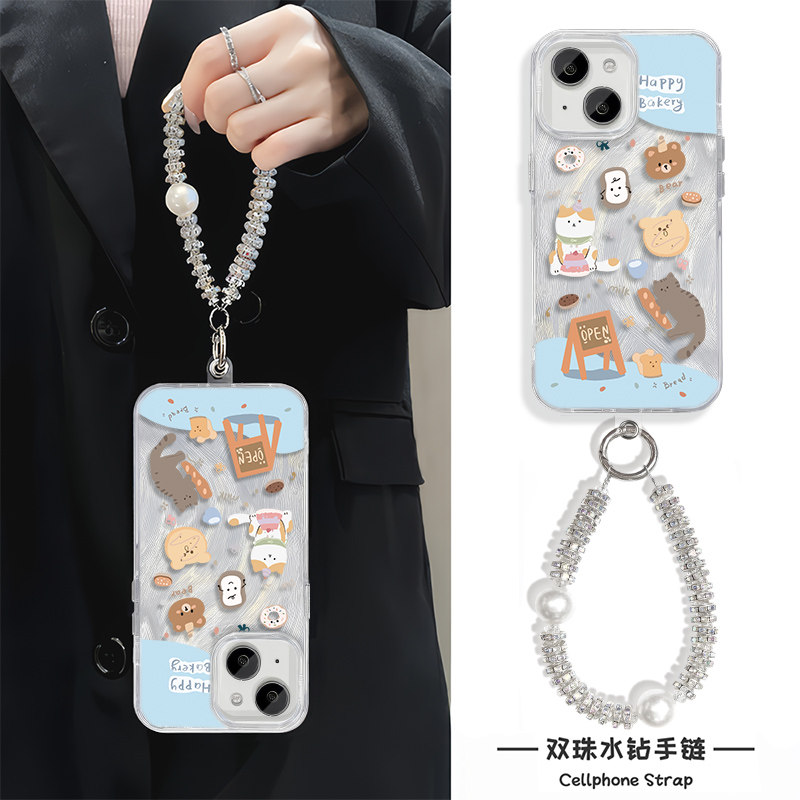 华为nova12Ultra羽纱苹果16硬13promax高级感小猫点心小米15至尊适用iPhone14plus手机壳带挂绳手链x200s可爱