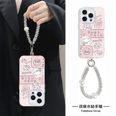 羽纱iPhone12硬小米15ultra小众适用苹果16e手机壳带挂绳14plus可爱风生水起招财猫13ProMax创意手腕a5高级感