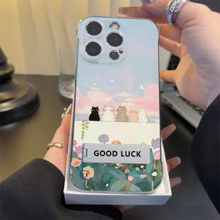 14PLUS适用苹果16手机壳带支架VIVOx200s花丛端坐小猫17ProMax透明无边框iPhone13超薄ins风12硬iQOO15小清新