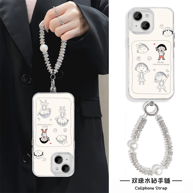 手腕Reno14手机壳带挂绳iPhone13高级感12适用硬15plus羽纱真我gt7pro可爱樱桃小丸子苹果16ProMax少女心x90s