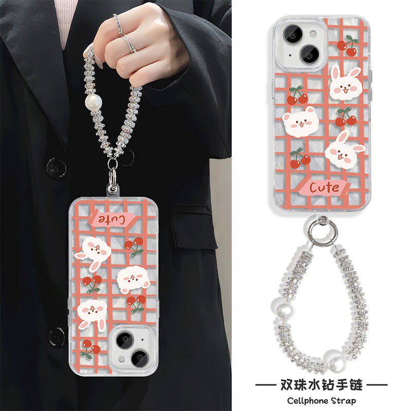 羽纱苹果16e格子樱桃兔子小米15适用硬iPhone13可爱14plus手机壳带挂绳ins风12ProMax卡通手链s19pro高级感女