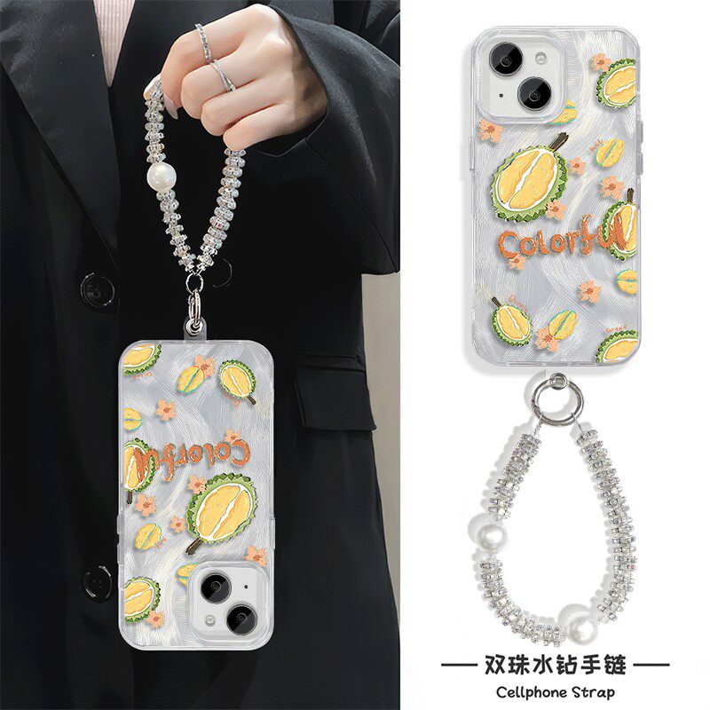 榴莲iPhone13手机壳带挂绳NOVA12羽纱NOTE14苹果15Plus适用FINDX8荣耀GT硬16ProMax高级感Y300女ins风P70创意
