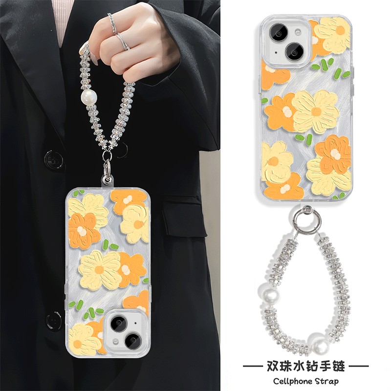 手腕FINDX8S手机壳带挂绳iPhone15适用油画小花Nova14高级感16创意硬苹果13羽纱ins风12ProMax小众红米TURBO4