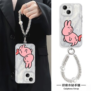 OPPOFINDX9创意iPhone16羽纱硬苹果14高颜值15plus手机壳带挂绳OPPOK12回眸搞怪兔子一加13T适用小米17ProMax