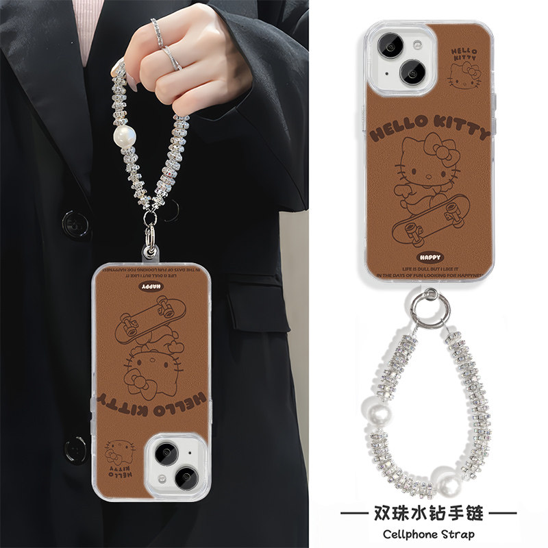 滑板凯蒂猫iPhone16羽纱创意手腕RENO14适用13真我NEO7苹果15卡通12ProMax小米CIVI4PRO硬手机壳带挂绳高级感
