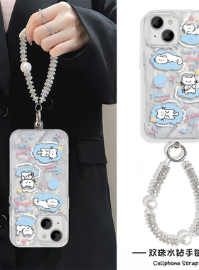 iPhone13promax手机壳带挂绳华为nova12pro英文小猫小米15适用14plus羽纱苹果16硬手链x200s高级感手腕findx8