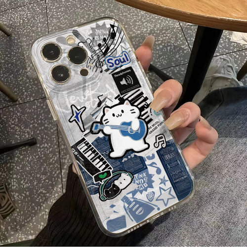 苹果17ProMax适用16吉他白猫咪OPPOFindx9创意14手机壳iPhone15透明软华为Mate80卡通OPPOK13TURBOPROins风12