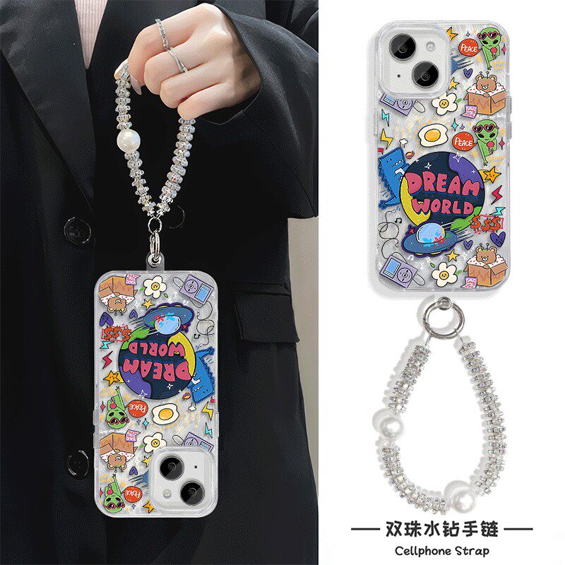 创意涂鸦外星人14plus适用iPhone16羽纱硬苹果12小众15ProMax手机壳带挂绳手腕Reno13荣耀MAGIC7小米CIVI4PRO