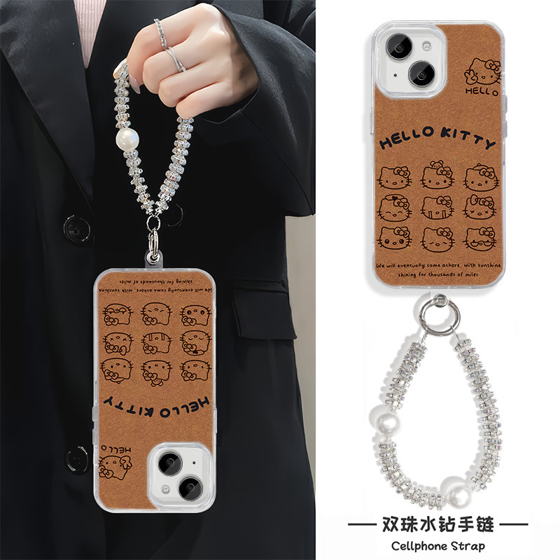卡通iPhone15高级感华为Nova14适用棕色凯蒂猫16羽纱13ProMax可爱X200S苹果12手机壳带挂绳硬手腕FINDX8SPLUS