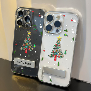 15plus无边框12ProMax高级感iPhone透明超薄14ins风苹果13波点圣诞树适用硬16手机壳带支架真我NEO7TURBO创意