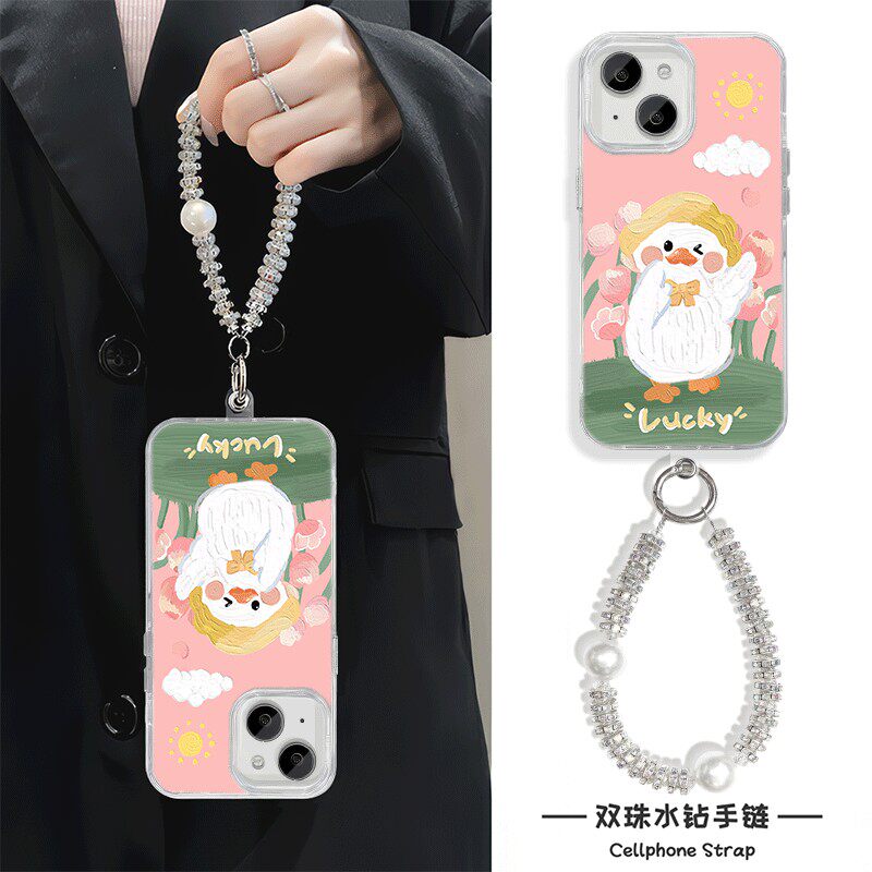 可爱鸭子iPhone16手机壳带挂绳K80Pro羽纱NOVA12苹果14Plus适用链条13硬15ProMax高级感Y300真我NEO7女A5卡通