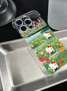 iPhone14硬荣耀POWER2无边框13P卡通适用苹果16plus超薄17透明IQOO15带支架12ProMax手机壳春日花草kt猫ins风