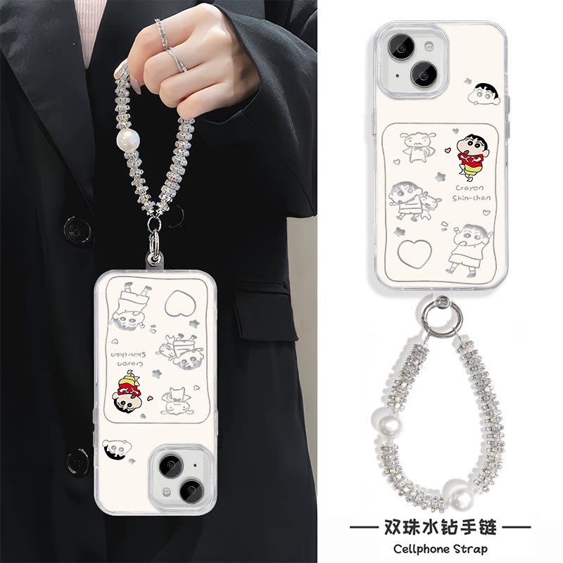 苹果16小新插画手腕Reno13高级感羽纱14plus手机壳带挂绳iPhone12适用硬15ProMax可爱蜡笔小新手链x200少女心