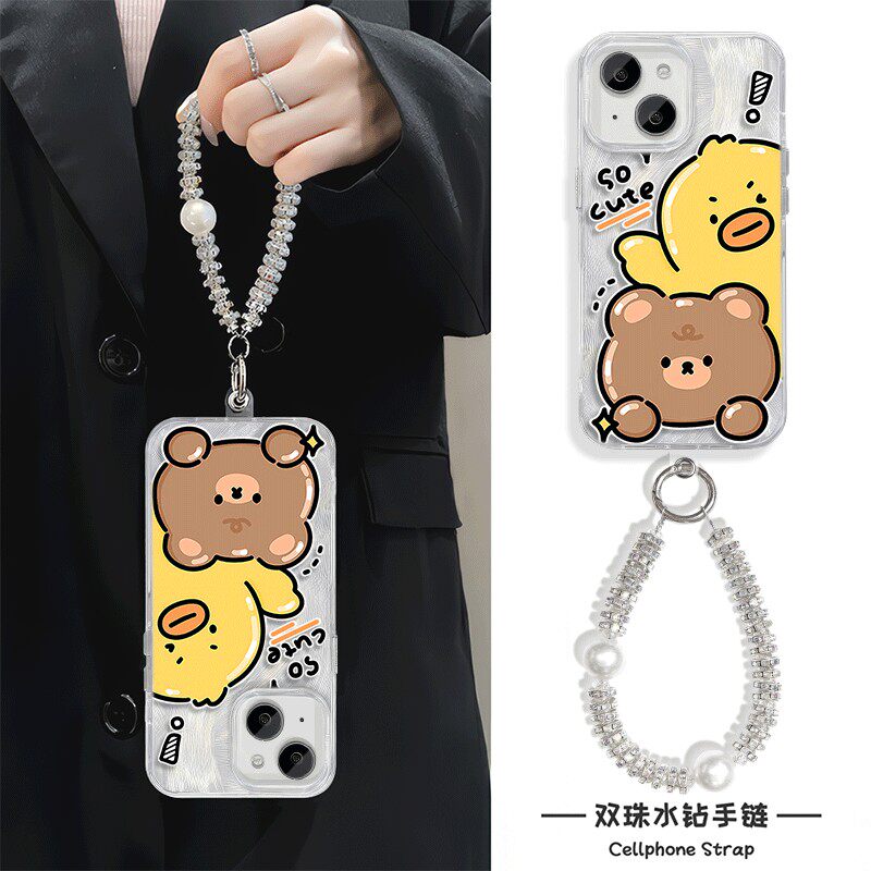 华为nova12羽纱苹果16硬13promax卡通小黄鸭iPhone15pm适用14plus手机壳带挂绳手链x200可爱手腕findx8高级感