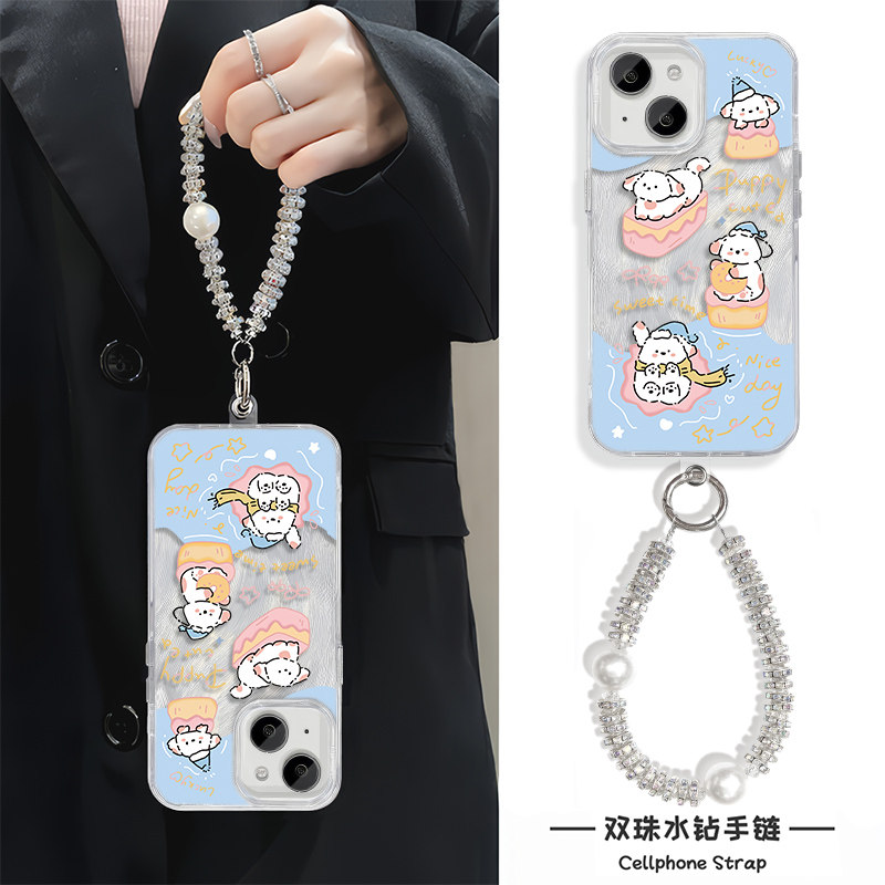 线条小狗iPhone16手机壳带挂绳FINDX8S羽纱HI畅享70Plus适用12硬苹果15ProMax高级感RENO14女ins风链条13卡通