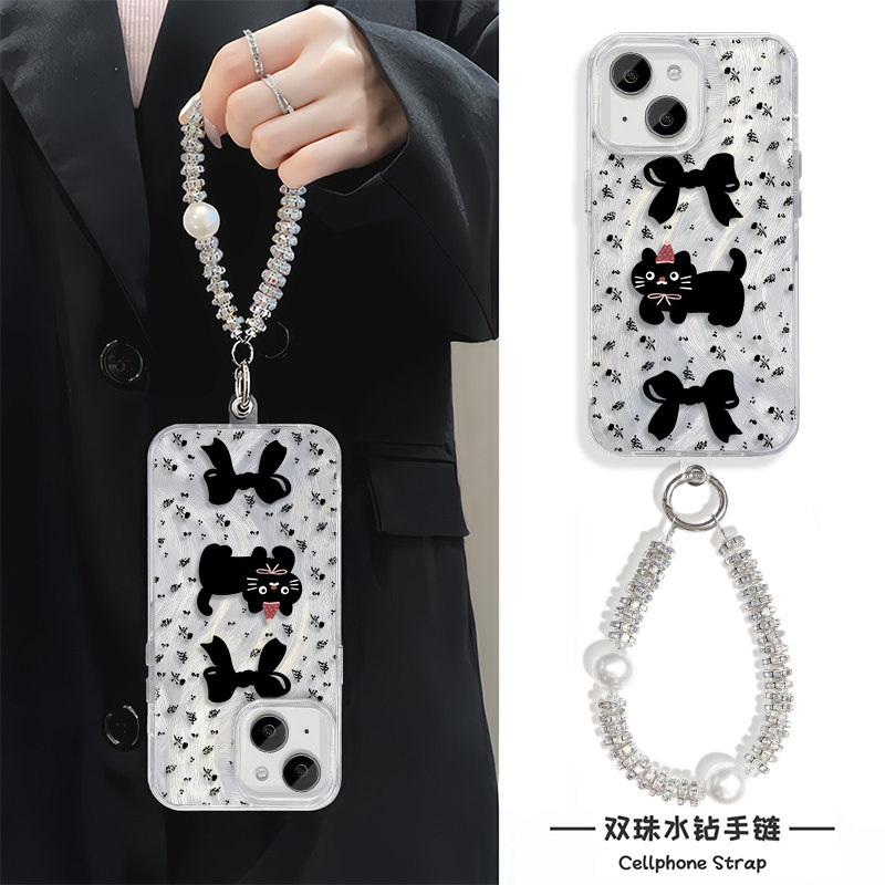 蝴蝶结猫咪iPhone16手机壳带挂绳FINDX8羽纱NOE14苹果15Plus适用NOVA12硬13ProMax高级感A5女ins风S20Pro日韩