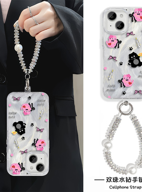 ins风小猫蝴蝶结iPhone13手机壳带挂绳NOTE14羽纱15Ultra苹果16Plus适用MATE70硬12ProMax高级感K80女S20卡通