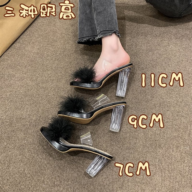 仙女风毛毛拖鞋女外穿2026年新款夏季J透明一字带水晶粗高跟凉拖