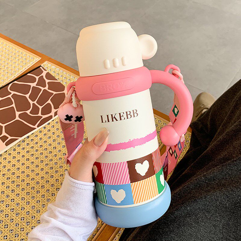 带盖保温杯子大容量三p用双饮口水杯女生高颜值吸管不锈钢学生水