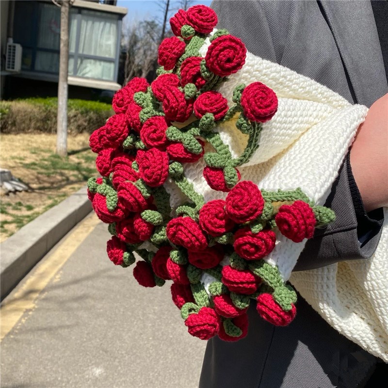 玫瑰花束毯子手工编织diy材料包5股精梳棉铃兰S花毛毯送闺蜜礼物