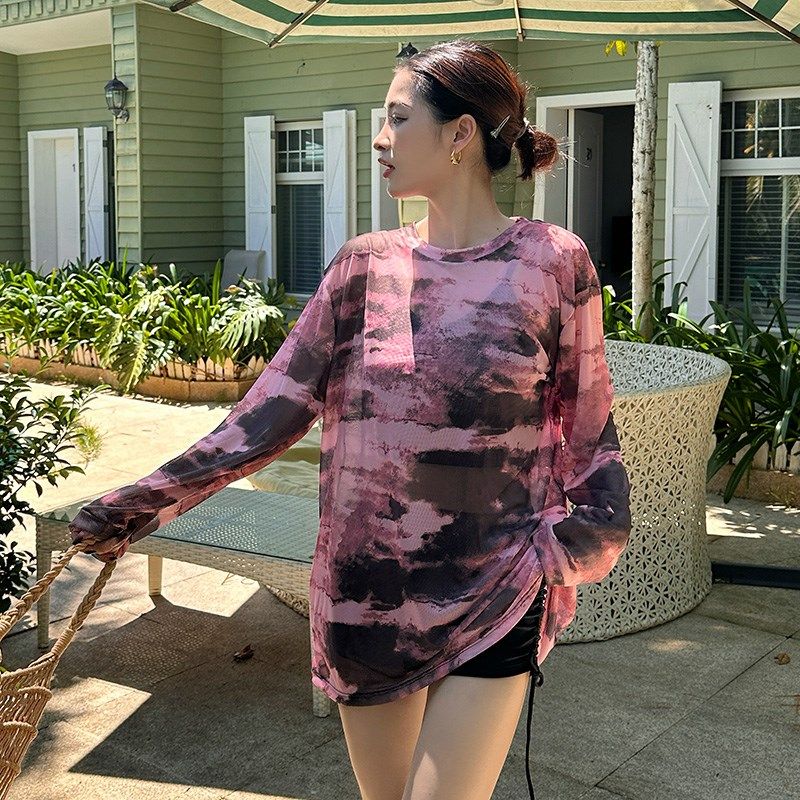 分体式泳衣海边度假三件套扎染长袖T恤大码微胖遮U肉显瘦宽松外衫