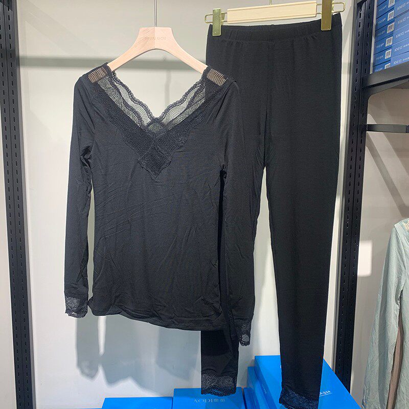 秋冬新款秋衣秋裤女士蕾丝边前z后大V领时尚套装贴身保暖内衣打底