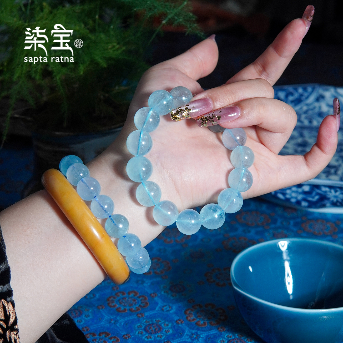 七宝缘琼海天然海蓝宝圆珠手链天然水晶手串原创设计水晶手链正品