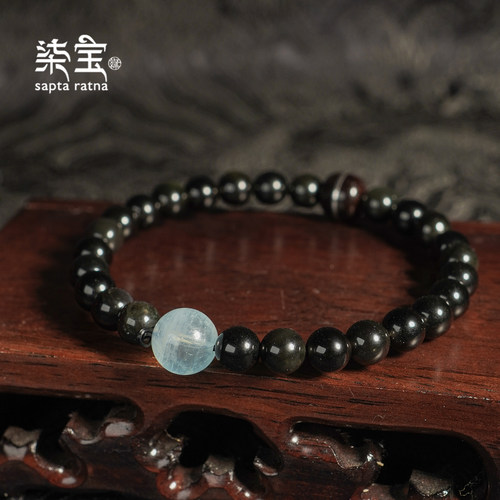 天然黑曜石手串海蓝宝隔珠