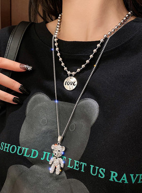 双层叠戴小熊项链女潮毛衣链卫衣链嘻哈百搭简约秋冬高档长款配饰