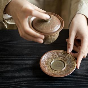 备前烧日式 家用复古盖碗 粗陶三才盖碗 刻花仿古陶瓷泡茶碗