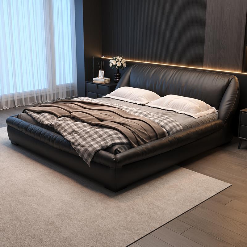 北栖环抱羽绒床意式极简真皮床现代简约主卧小户型婚床双人榉木床