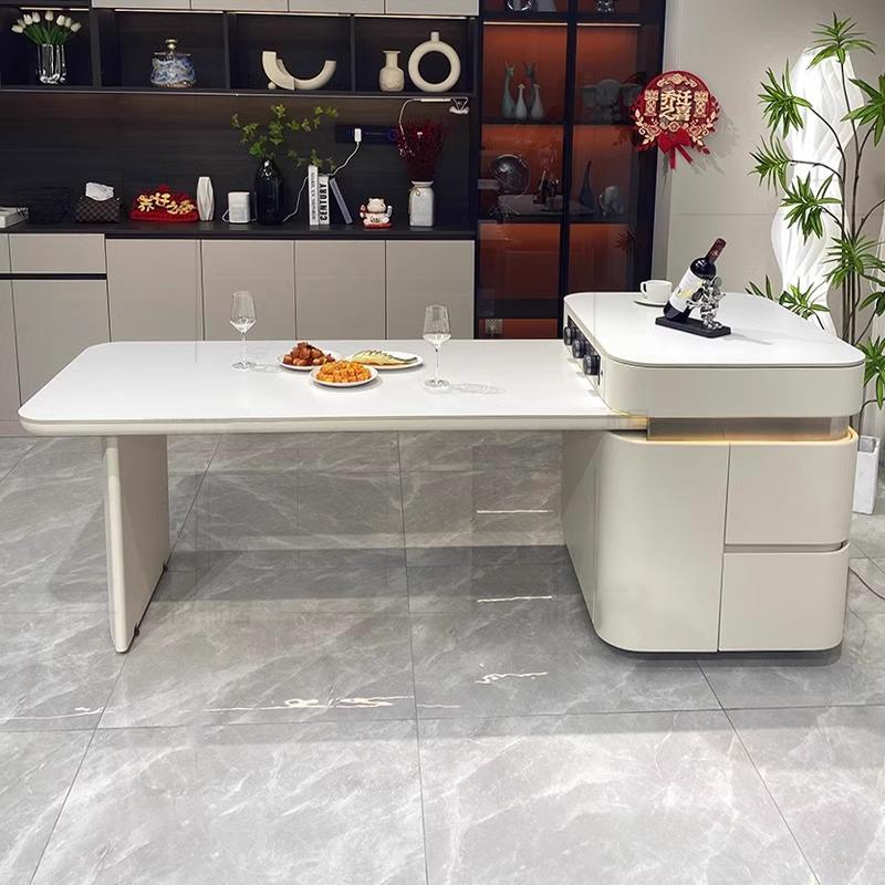 奶油风岛台餐桌一体可伸缩家用小户型多功能岩板中导倒台厨房吧台