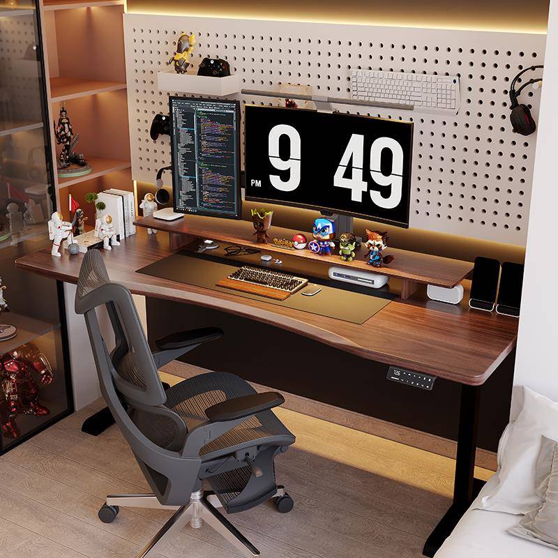 实木电动升降桌办公桌胡桃木书桌智能工作台电竞桌可升降电脑桌