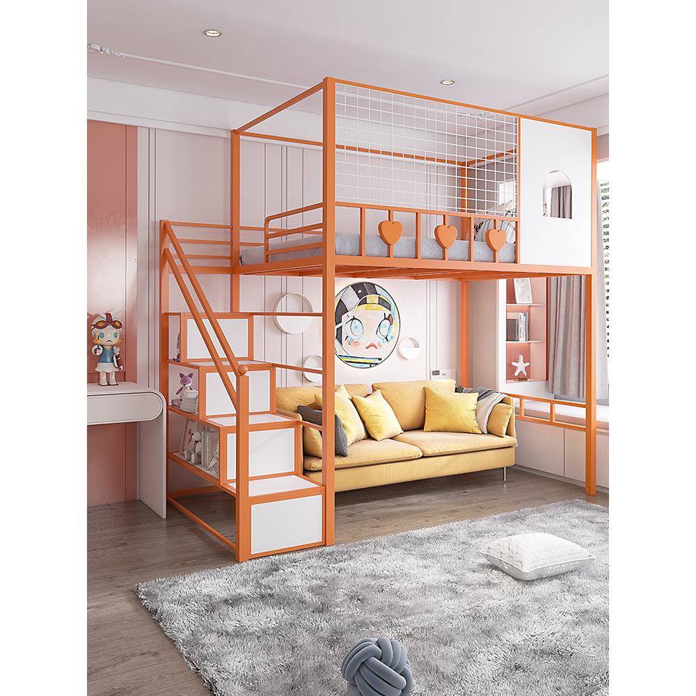 高架床复式二楼铁艺床儿童省空间上床下桌多功能loft阁楼公寓床