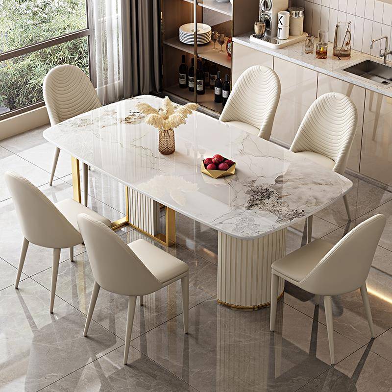 轻奢岩板餐桌椅组合白色家用小户型现代简约客厅长方形饭桌