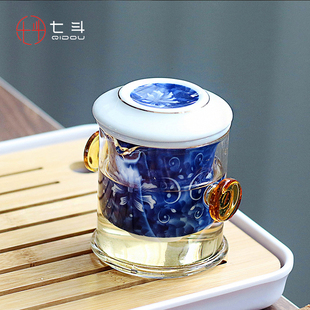 耐热双耳玻璃泡茶壶家用红茶杯陶瓷过滤玻璃花茶壶简约青花冲茶器