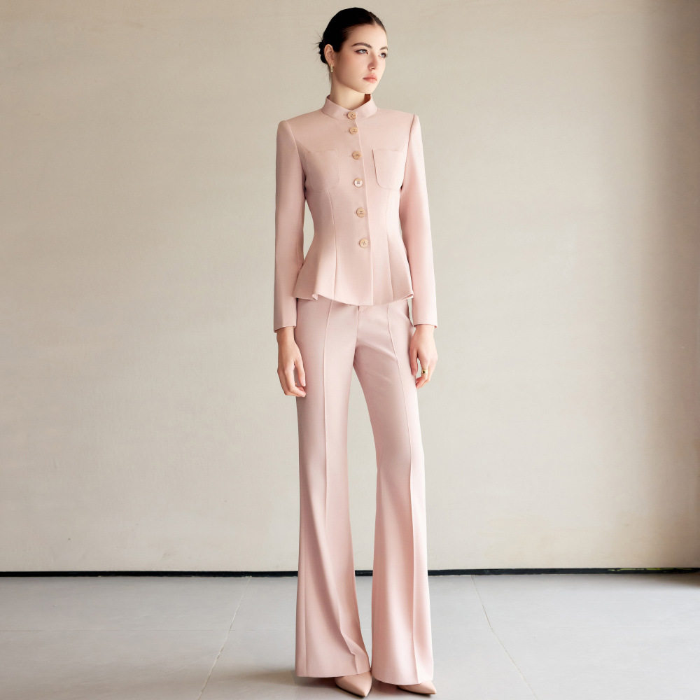 粉色立领西装套装女2026春季新款高端气质显瘦阔腿裤两件套职业装
