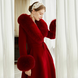 双面羊绒酒红色毛呢外套皮狐狸毛领中长款修身高端羊绒大衣