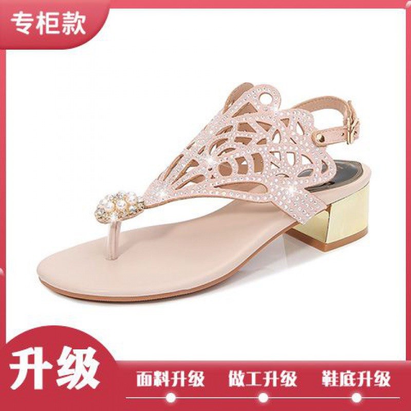 2025新款套脚夹趾凉鞋女水钻镂空夹脚中跟凉鞋Q时尚外穿粗跟拖鞋