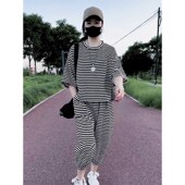 运动休闲套装 2025年夏季 新款 女C洋气减龄宽松显瘦遮肉条纹两件套