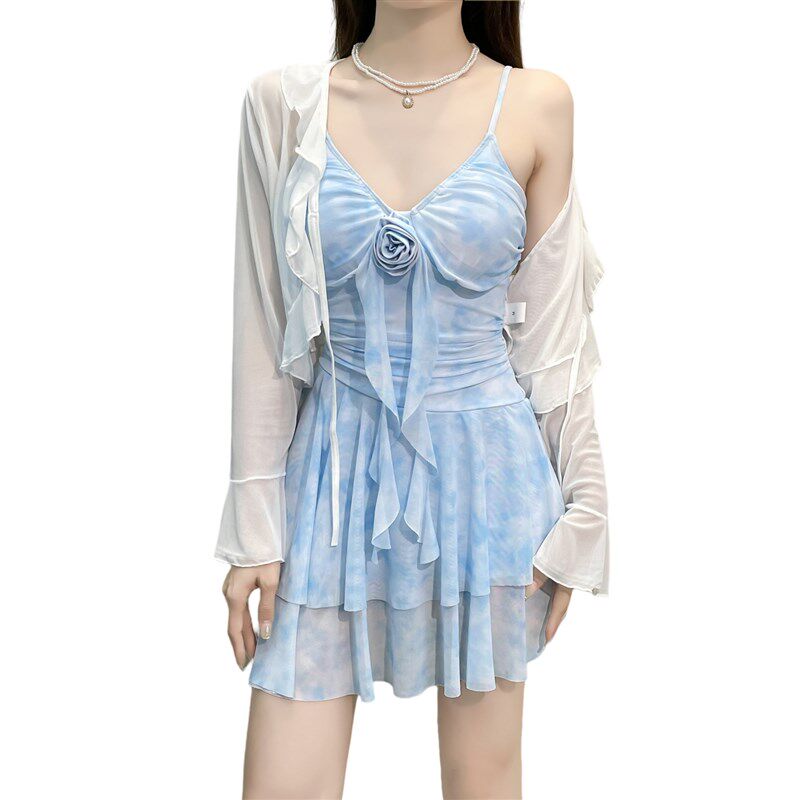 泳衣女2025新款连体裙式遮肉显瘦长F袖带罩衫少女甜美小清新游泳