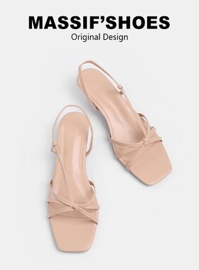 一字带凉鞋女夏2025q新款法式绝美凉鞋方头细带中跟凉鞋小猫跟凉