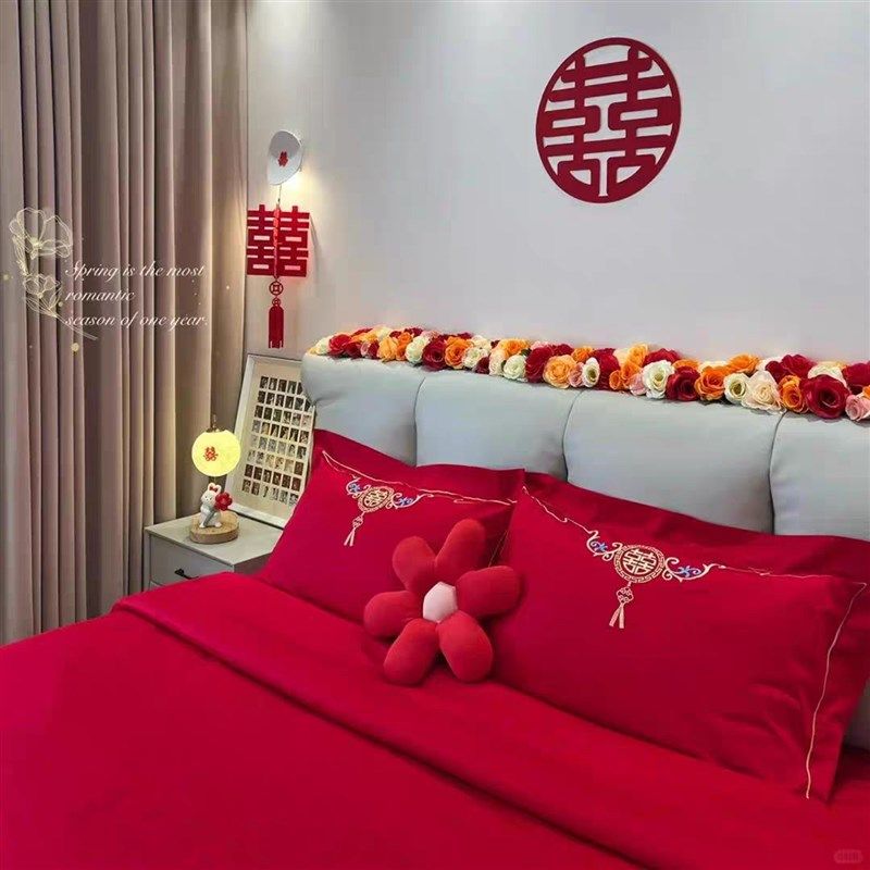 高级感新款结婚床上用品四件套陪嫁新房被套红U色喜被婚庆床单